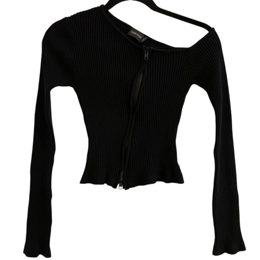 Tiger Mist Black Ribbed Top Asymmetrical Double Zipper Long Sleeves Size Medium
